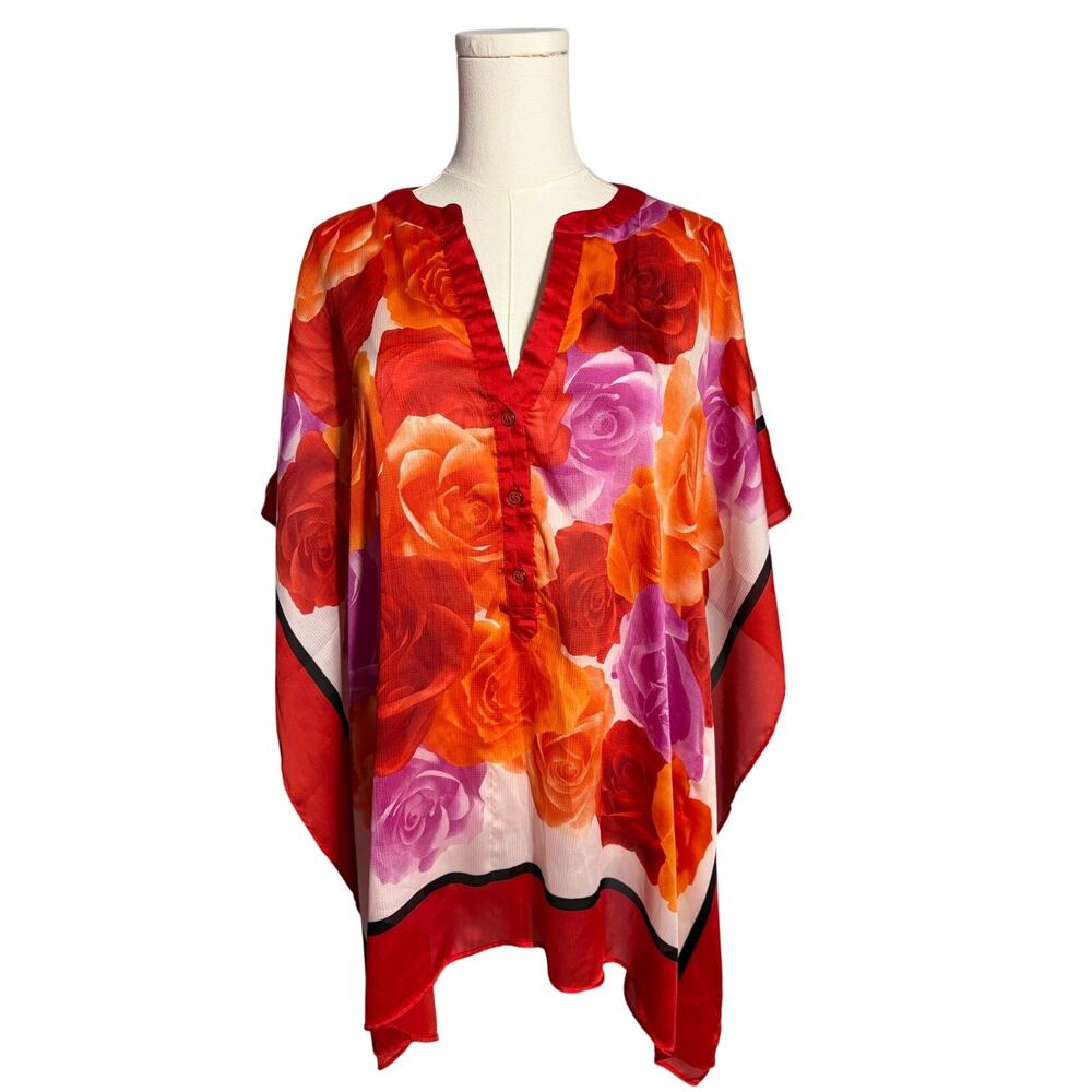 New York & Company Red Floral Kaftan Top Sz M Boho Artsy Mature